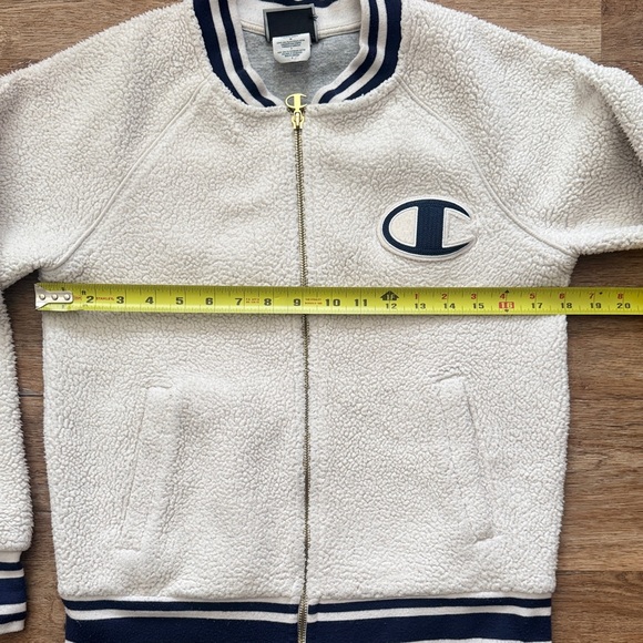 CHAMPION Jacket SHERPA FLEECE BOMBER Logo Patches Script Relaxed Lined Sz Small - Picture 8 of 9